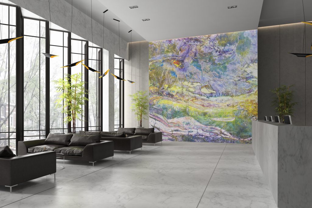 Interior of a hotel reception decorated with a satellite image